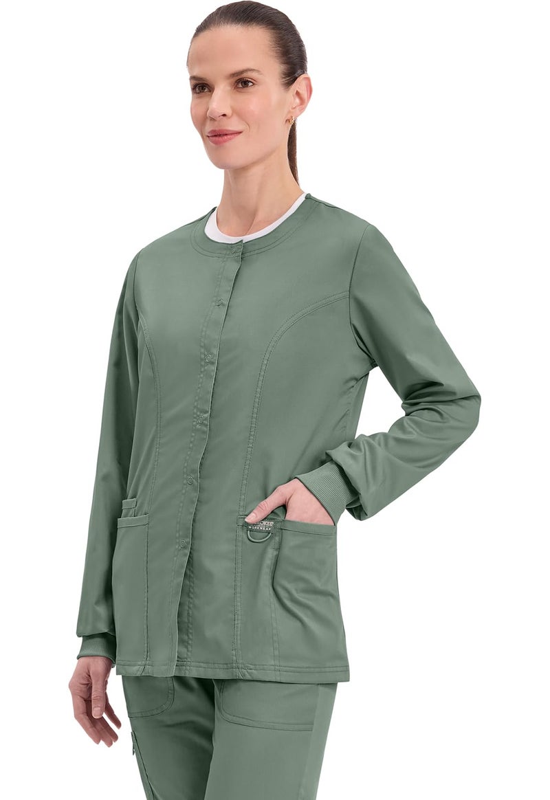 Cherokee Womens Scrub Jacket Nurse Snap Front Medical Uniform with Pockets, 2-Way Stretch, Easy Care Soft Fabric - WW310, XL, Olive - Image 3